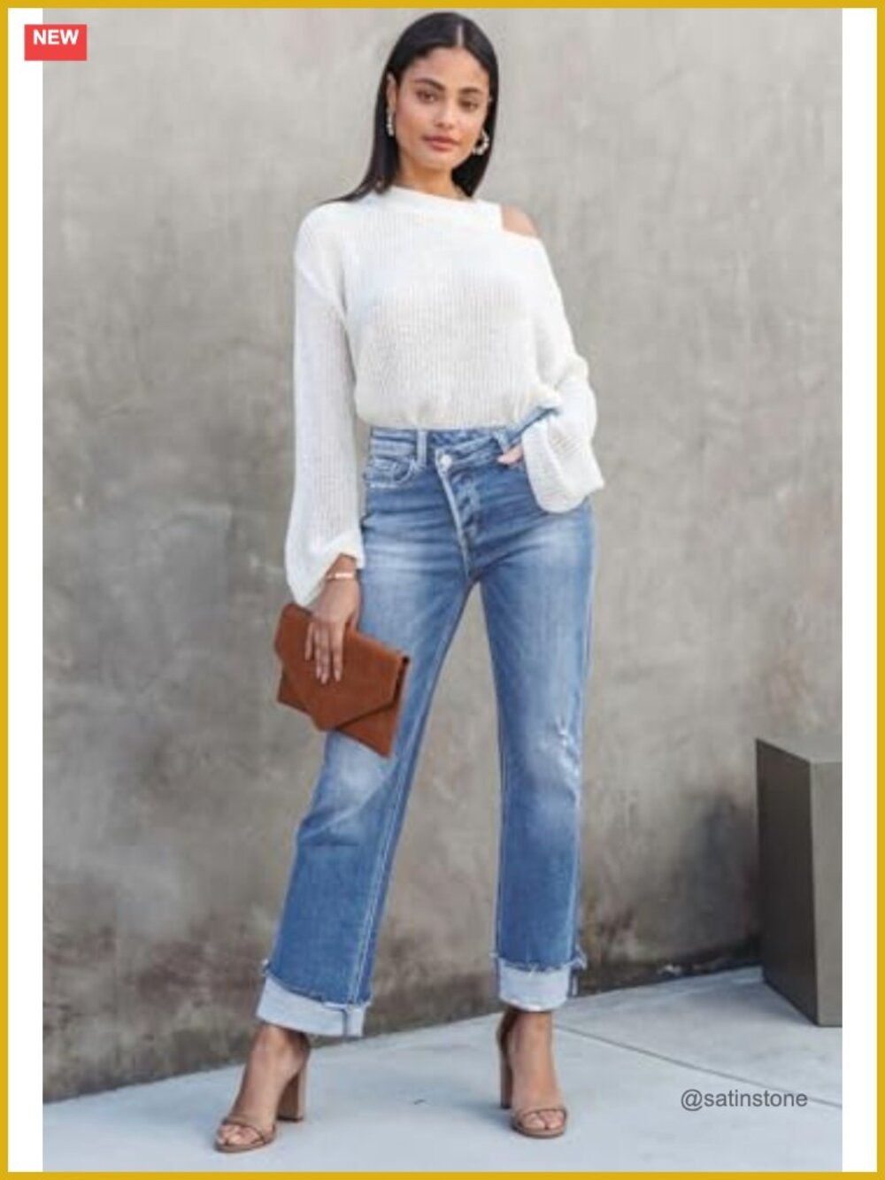 High Waisted Crossover Boyfriend Jeans Distressed Stretchy Denim Pants - Picture 2 of 5